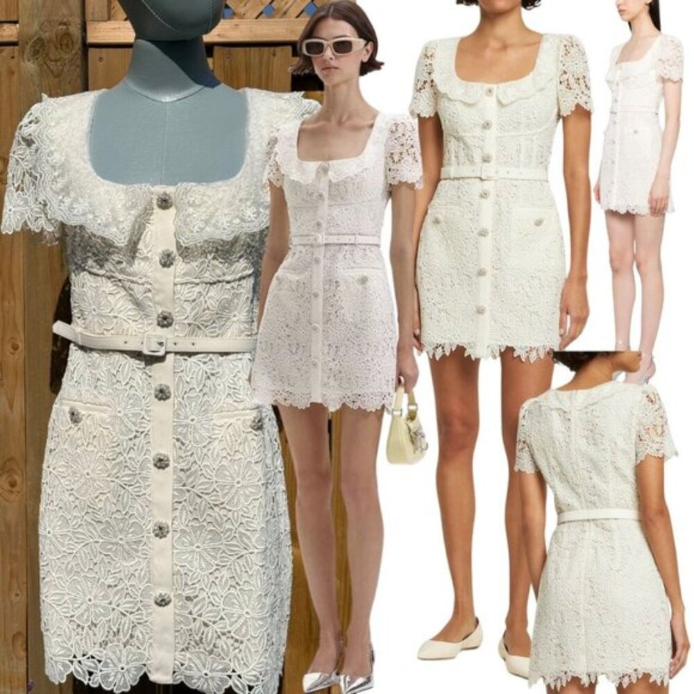 🆕 SELF-PORTRAIT 🧿 NWT Cream Guipure Lace Belted Mini Dress, Sz UK 10 US 6